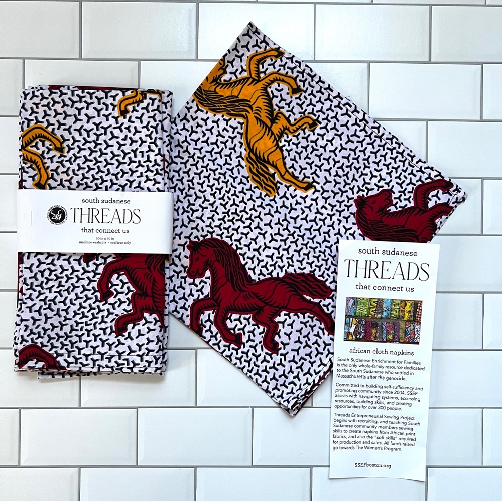 🐎 *NEW* African Cloth 4 Dinner Napkins Horse Print South Sudanese THREADS